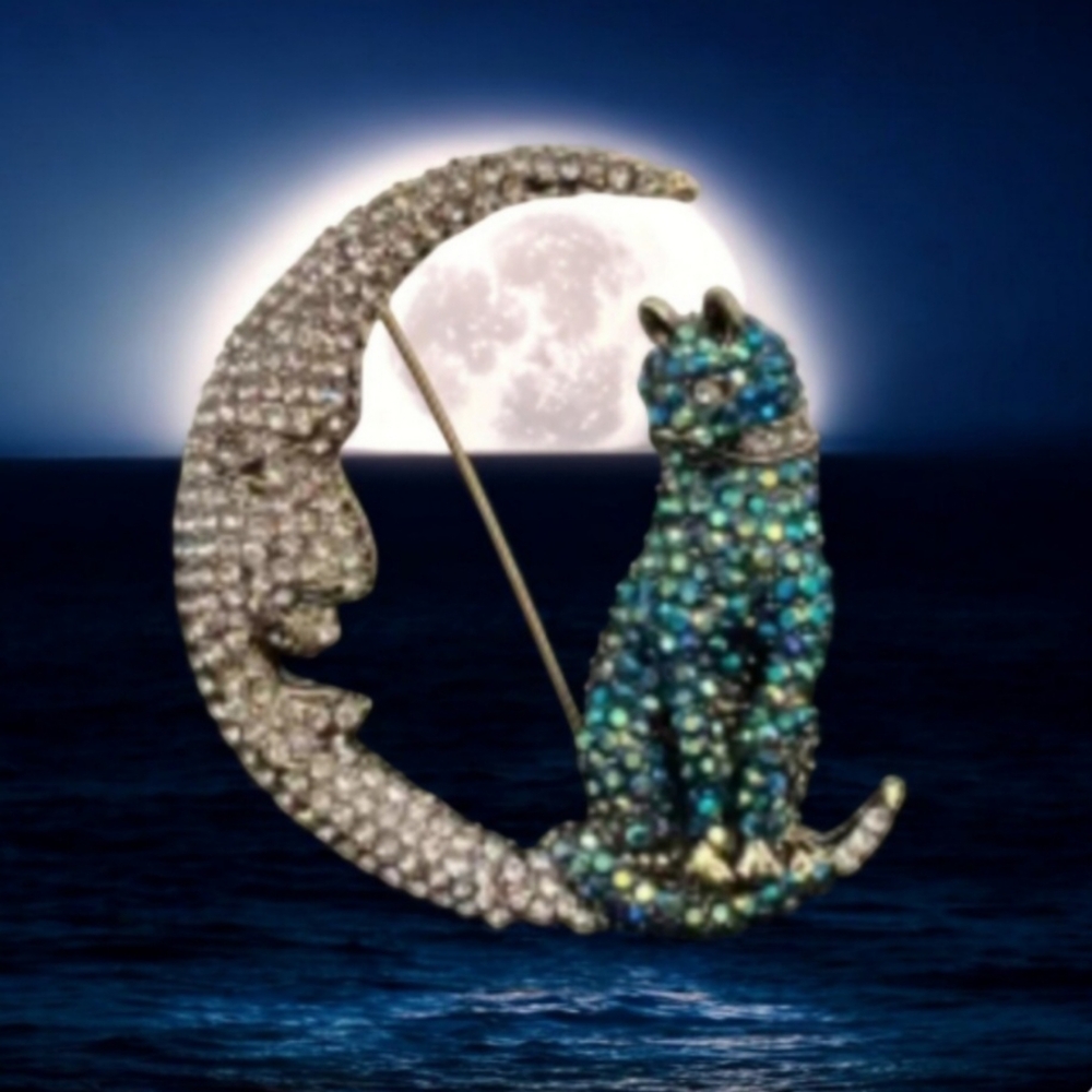Boutique Artsy Moon & Cat Rhinstone Large Brooch/Pin